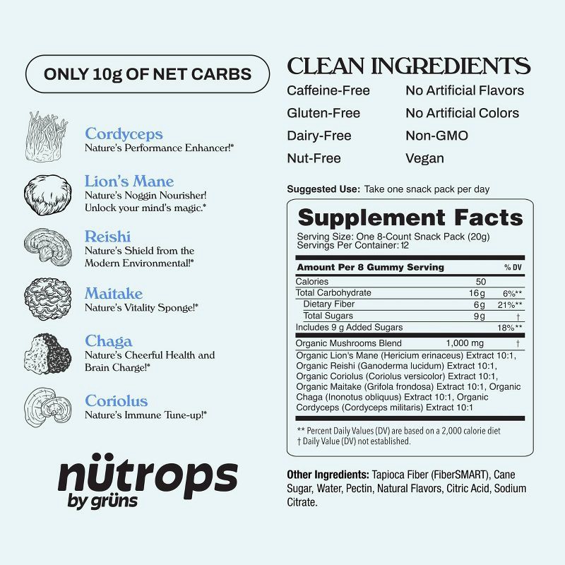 slide 3 of 11, Gruns Nütrops By Grüns Low Sugar Functional Nootropics for Brain Health Mushroom Gummies - 96ct/12pk, 96 ct, 12 ct