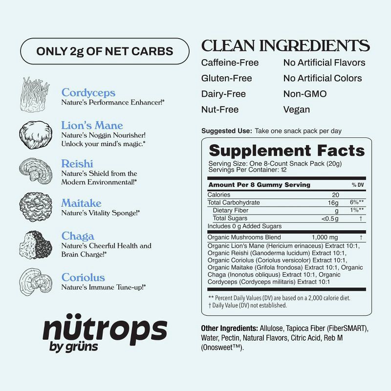 slide 3 of 11, Gruns Nütrops By Grüns Sugar-Free Functional Nootropics for Brain Health Mushroom Gummies - 96ct/12pk, 96 ct, 12 ct