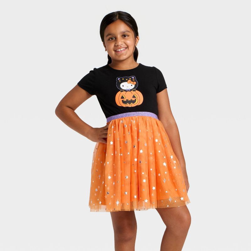 Girls' Sanrio Hello Kitty Halloween Tulle Character Dress - Black/Orange L  | Shipt