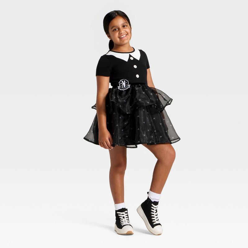 slide 4 of 4, Wednesday Series Girls' Wednesday Addams Tulle Character Dress - Black/White L, 1 ct