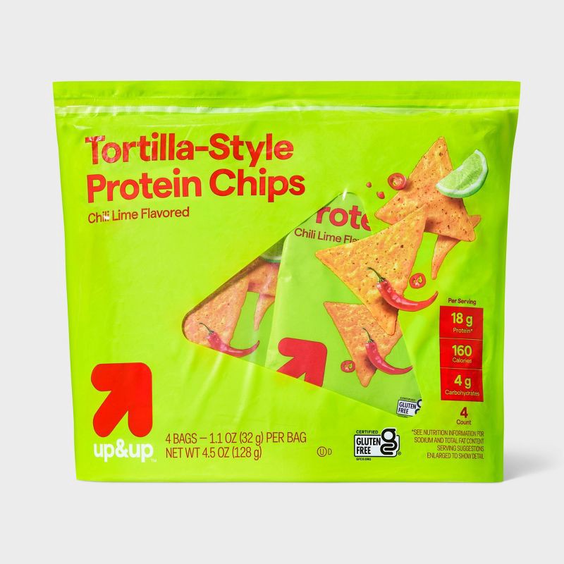 slide 1 of 3, Protein Chips Chili Lime Tortilla Chips - 4.5oz/4pk - up&up™, 4.5 oz, 4 ct