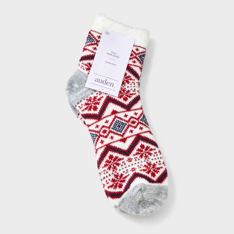 slide 2 of 3, Women's Mixed Geo Double Lined Cozy Ankle Socks - Auden™ Ivory/Red/Heather Gray 4-10, 1 ct