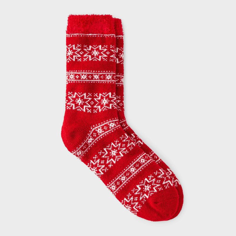 slide 1 of 3, Women's Snowflake Geo Double Lined Cozy Crew Socks - Auden™ Red/Ivory 4-10, 1 ct