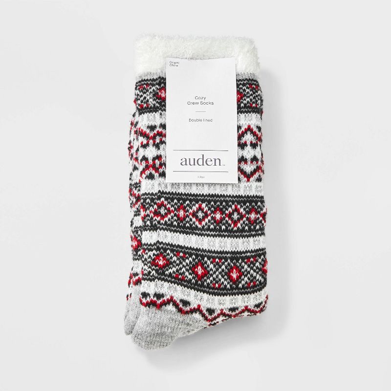 slide 2 of 3, Women's Mixed Geo Double Lined Cozy Crew Socks - Auden™ Heather Gray/Red/ Ivory 4-10, 1 ct