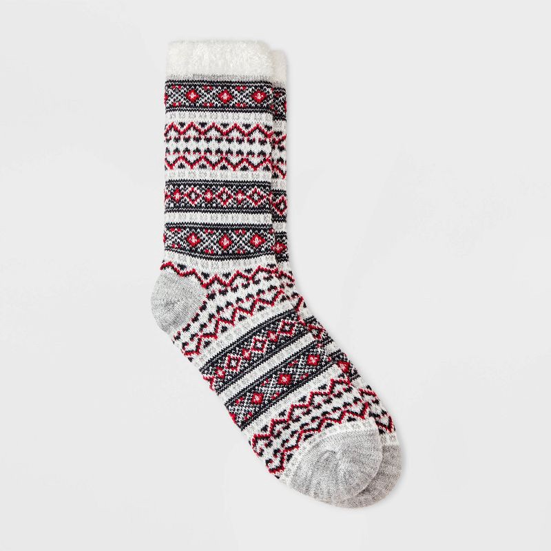 slide 1 of 3, Women's Mixed Geo Double Lined Cozy Crew Socks - Auden™ Heather Gray/Red/ Ivory 4-10, 1 ct