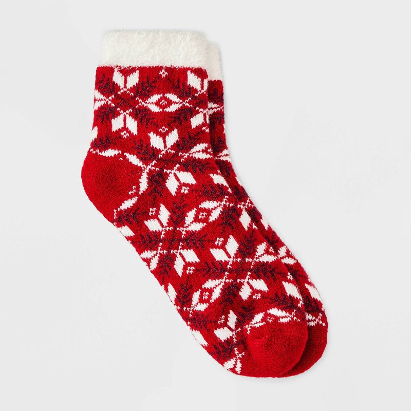 slide 1 of 3, Women's Snowflake Double Lined Cozy Ankle Socks - Auden™ Red/Ivory 4-10, 1 ct
