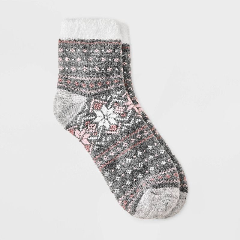 slide 1 of 3, Women's Snowflake Fair Isle Double Lined Cozy Ankle Socks - Auden™ Charcoal Heather/Pink 4-10, 1 ct