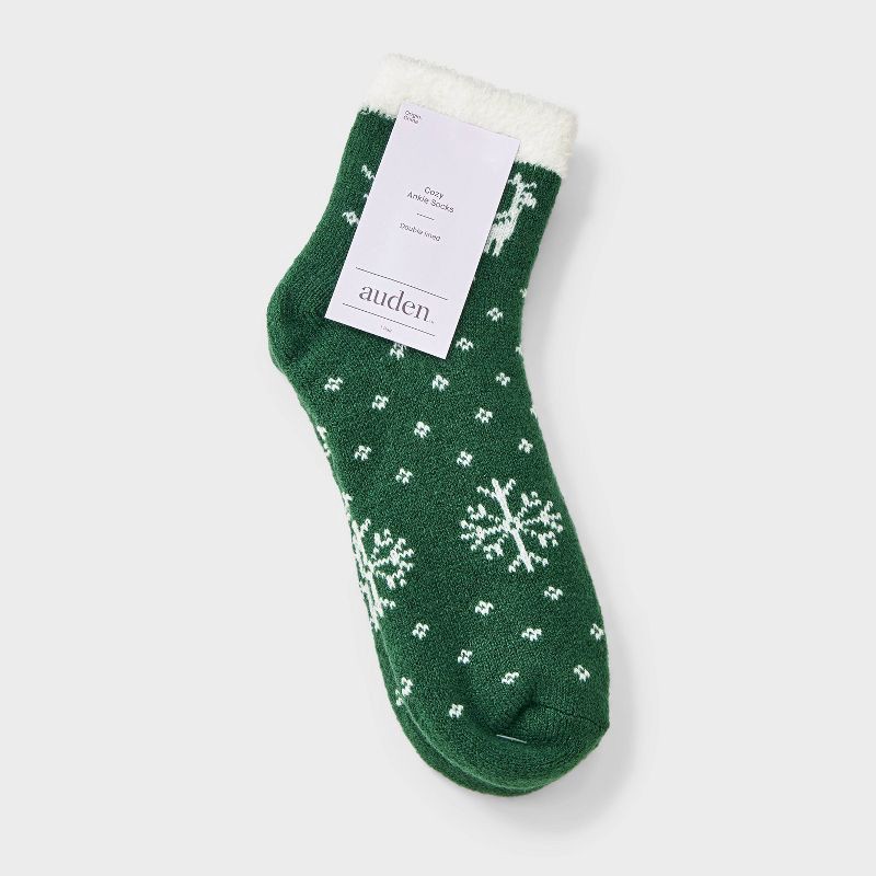 slide 2 of 3, Women's Reindeer Fair Isle Christmas Double Lined Cozy Ankle Socks - Auden™ Green 4-10, 1 ct