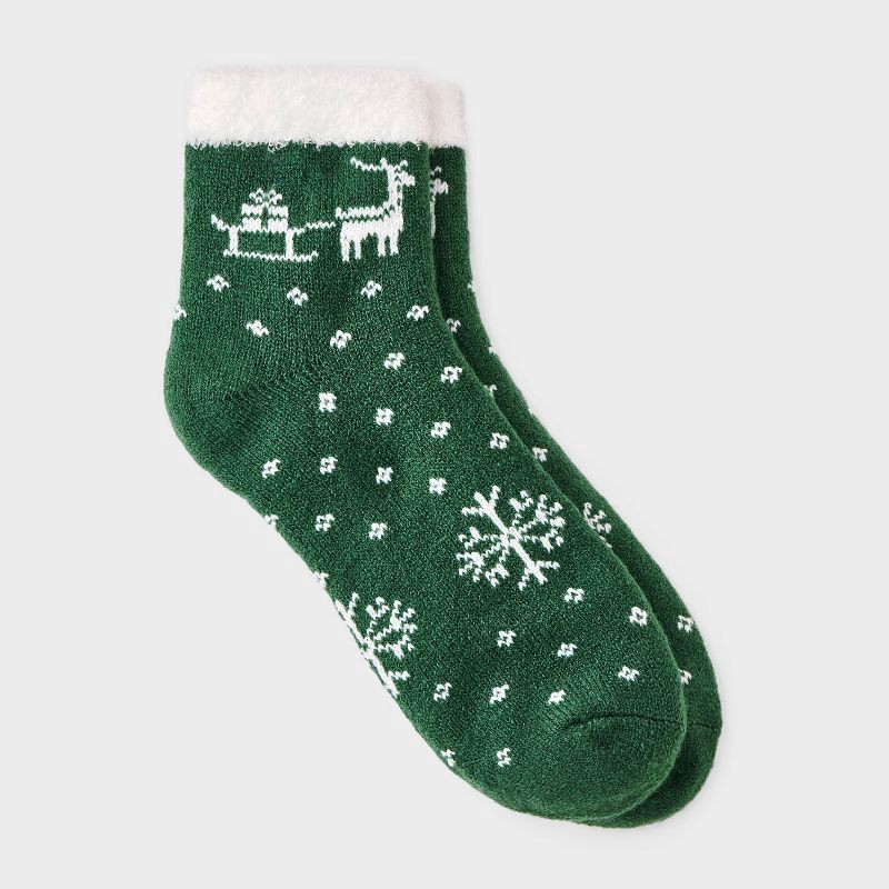 slide 1 of 3, Women's Reindeer Fair Isle Christmas Double Lined Cozy Ankle Socks - Auden™ Green 4-10, 1 ct