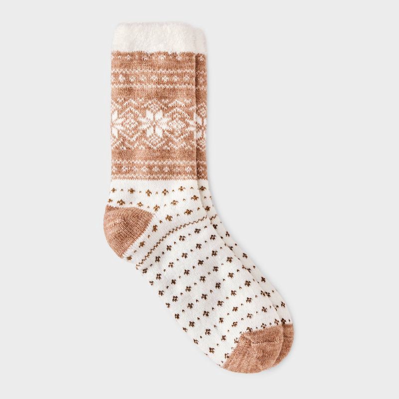 slide 1 of 3, Women's Snowflake Fair Isle Double Lined Cozy Crew Socks - Auden™ Brown/Ivory 4-10, 1 ct