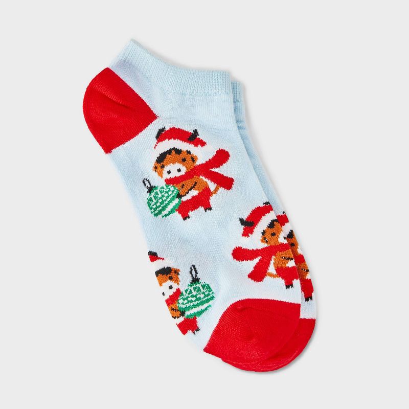 slide 1 of 3, Women's Holiday Cow Christmas Low Cut Socks - Light Blue/Red 4-10, 1 ct