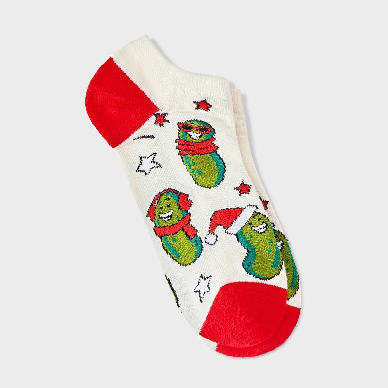 slide 1 of 3, Women's Holiday Pickle Christmas Low Cut Socks - Ivory/Green 4-10, 1 ct