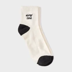 Women's Embroidered 'Always Tired' Ankle Socks - Ivory/Black 4-10