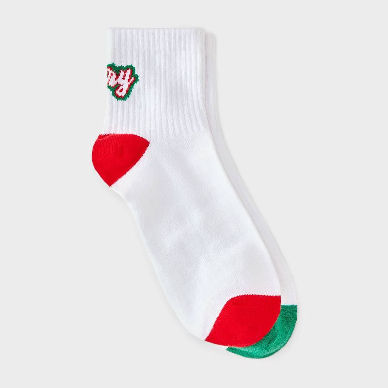 slide 1 of 3, Women's 'Merry & Bright' Christmas Ankle Socks - White/Red/Green 4-10, 1 ct