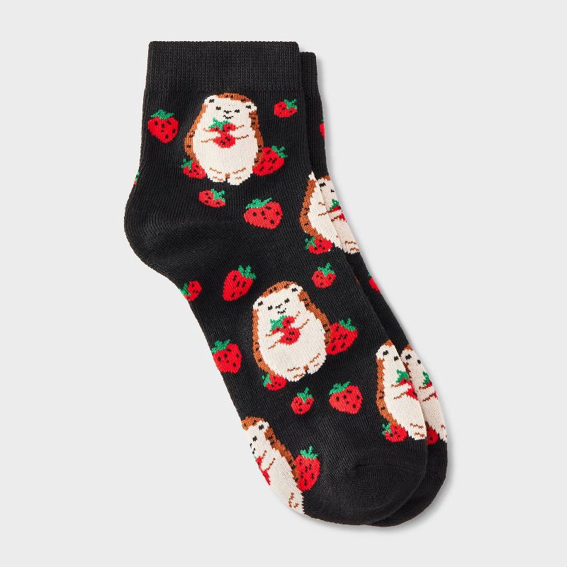 slide 1 of 3, Women's Strawberry Patch Hedgehog Ankle Socks - Black 4-10, 1 ct