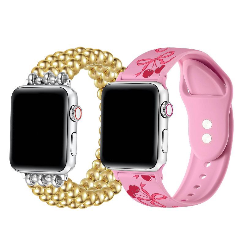 slide 1 of 3, Posh Tech 2pk Smart Watch Band Set, Universal Fit for Apple Watch, Samsung Galaxy, Garmin 20mm - Gold Bead/Pink Silicone, 2 ct