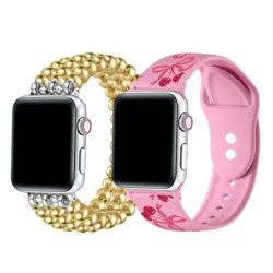 Posh Tech 2pk Smart Watch Band Set, Universal Fit for Apple Watch, Samsung Galaxy, Garmin 20mm - Gold Bead/Pink Silicone