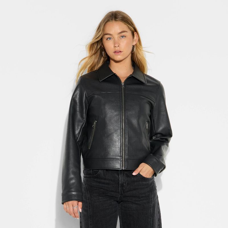 slide 2 of 3, Women's Boxy Faux Leather Jacket - Wild Fable™ Black XS, 1 ct