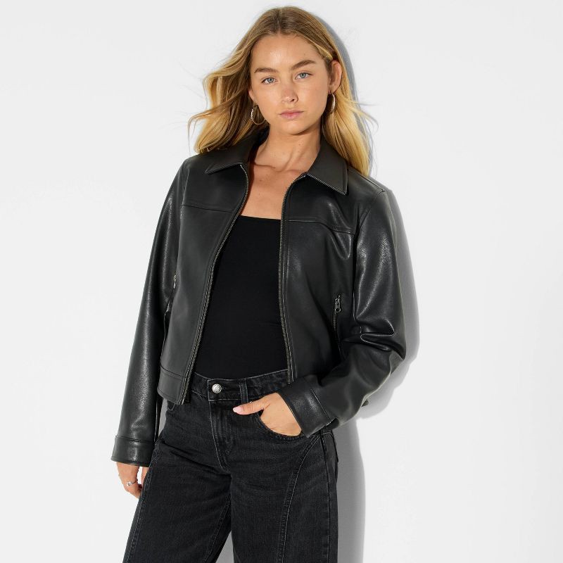 slide 1 of 3, Women's Boxy Faux Leather Jacket - Wild Fable™ Black S, 1 ct