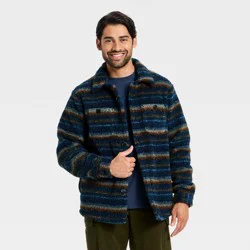 Men's Vintage High Pile Full Button Jacket - Goodfellow & Co™ Dark Blue Striped L