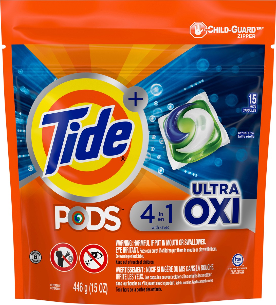 slide 8 of 8, Tide PODS Liquid Laundry Detergent Soap Pacs, 4-n-1 Ultra Oxi, HE Compatible 15 Count, Built in Pre-treater for Stains, 446 gram