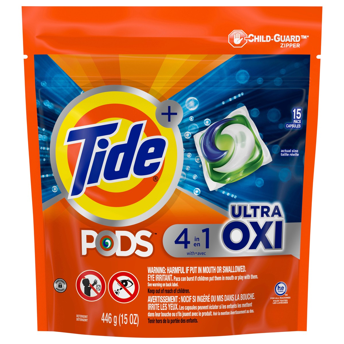 slide 3 of 8, Tide PODS Liquid Laundry Detergent Soap Pacs, 4-n-1 Ultra Oxi, HE Compatible 15 Count, Built in Pre-treater for Stains, 446 gram