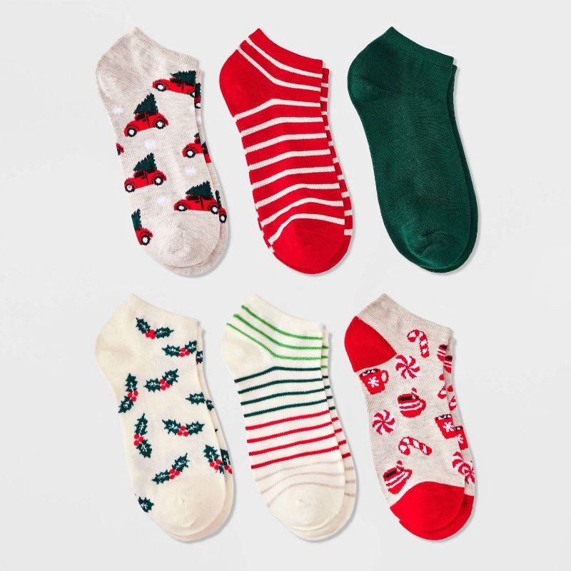 slide 1 of 3, Women's Festive Icons Christmas 6pk Low Cut Socks - Wondershop™ Natural/Red/Green 4-10, 6 ct
