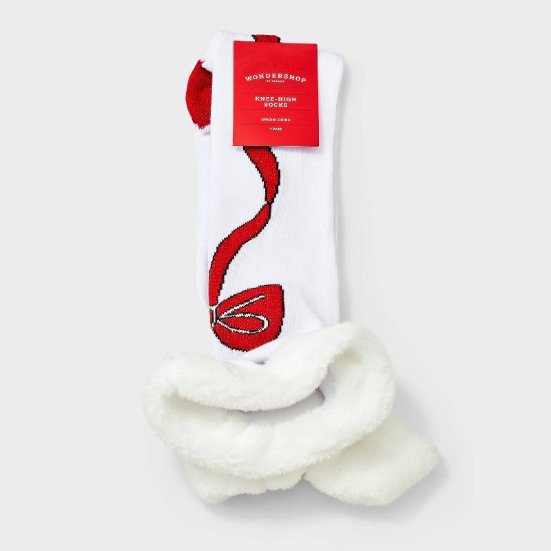 slide 2 of 3, Women's Christmas Bows Knee High Socks with Faux Fur Cuff - Wondershop™ White/Red 4-10, 1 ct