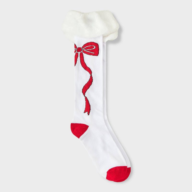 slide 1 of 3, Women's Christmas Bows Knee High Socks with Faux Fur Cuff - Wondershop™ White/Red 4-10, 1 ct