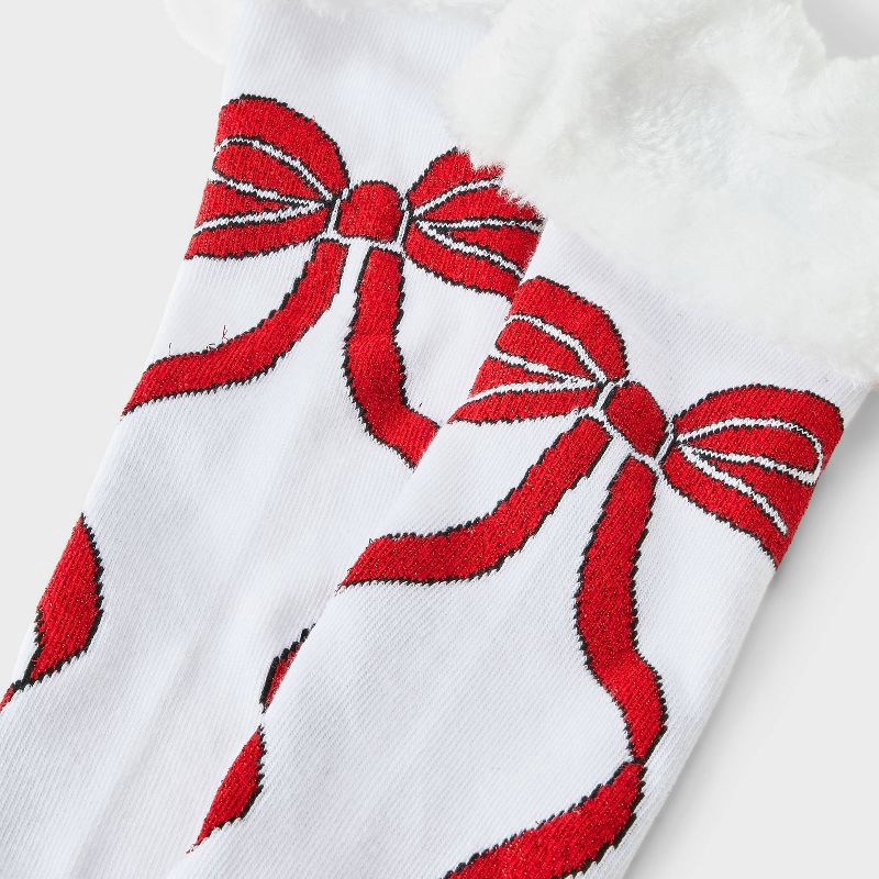 slide 3 of 3, Women's Christmas Bows Knee High Socks with Faux Fur Cuff - Wondershop™ White/Red 4-10, 1 ct
