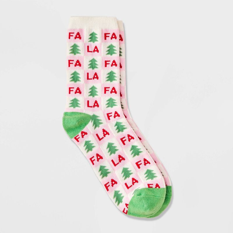 slide 1 of 3, Women's 'Fa La La' Checkered Christmas Crew Socks - Wondershop™ White/Green/Red 4-10, 1 ct