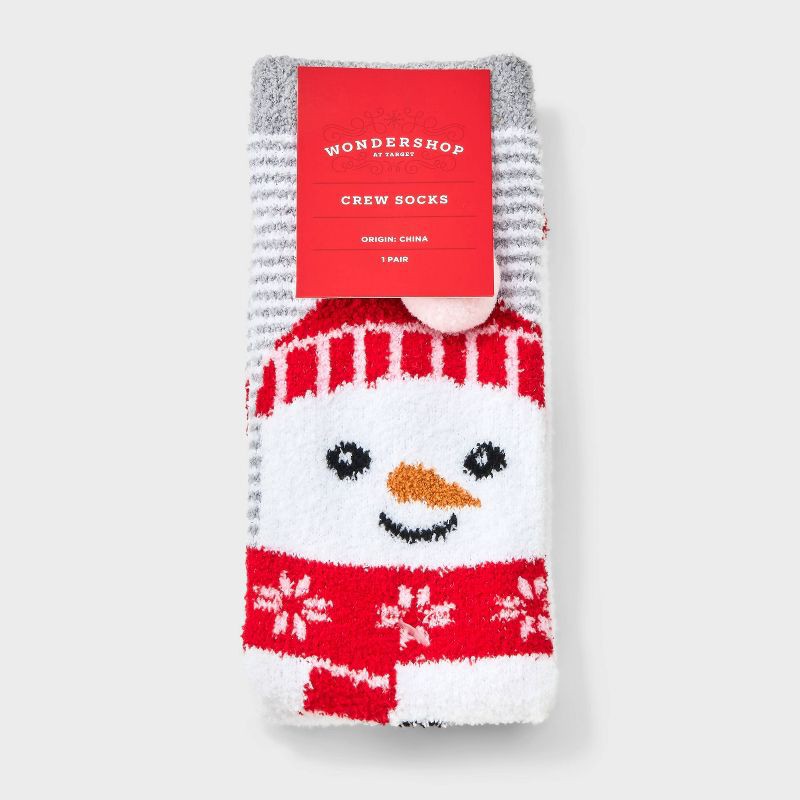 slide 2 of 3, Women's Snowman with 3D Pom Pom Hat Christmas Cozy Crew Socks - Wondershop™ White/Red 4-10, 1 ct