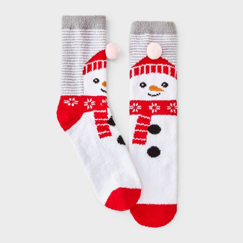 slide 1 of 3, Women's Snowman with 3D Pom Pom Hat Christmas Cozy Crew Socks - Wondershop™ White/Red 4-10, 1 ct