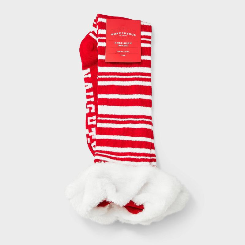 slide 2 of 3, Women's 'Naughty & Nice' Candy Cane Striped Christmas Knee High Socks with Faux Fur Cuff - Wondershop™ Red/White 4-10, 1 ct