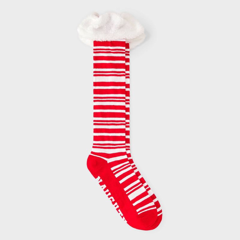 slide 1 of 3, Women's 'Naughty & Nice' Candy Cane Striped Christmas Knee High Socks with Faux Fur Cuff - Wondershop™ Red/White 4-10, 1 ct