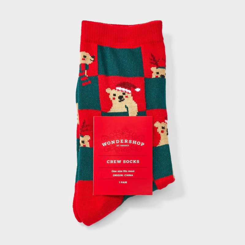 slide 2 of 3, Women's Bear Checkered Christmas Crew Socks - Wondershop™ Red/Green 4-10, 1 ct