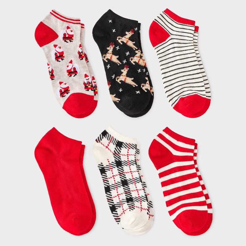slide 1 of 3, Women's Reindeer & Stripes Christmas 6pk Low Cut Socks - Wondershop™ Black/Red/White 4-10, 6 ct