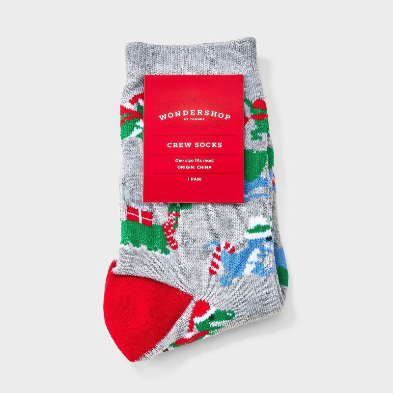 slide 2 of 3, Women's Christmas Dinosaur Crew Socks - Wondershop™ Gray/Red 4-10, 1 ct