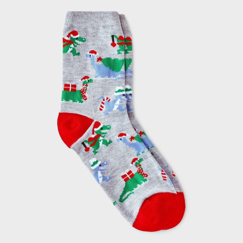 slide 1 of 3, Women's Christmas Dinosaur Crew Socks - Wondershop™ Gray/Red 4-10, 1 ct