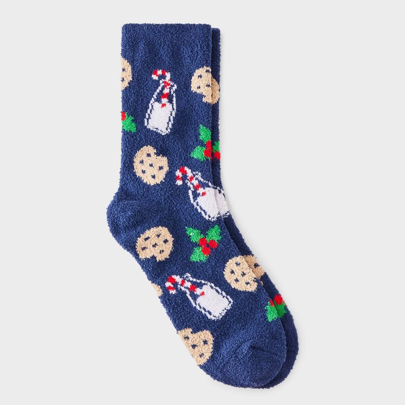 slide 1 of 3, Women's Santa's Milk & Cookies Christmas Cozy Crew Socks - Wondershop™ Navy 4-10, 1 ct