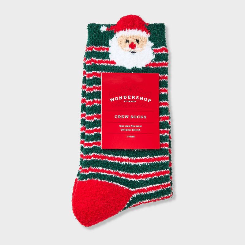 slide 2 of 3, Women's Santa with 3D Hat Striped Christmas Cozy Crew Socks - Wondershop™ Green/Red 4-10, 1 ct