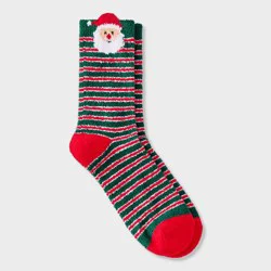 Women's Santa with 3D Hat Striped Christmas Cozy Crew Socks - Wondershop™ Green/Red 4-10