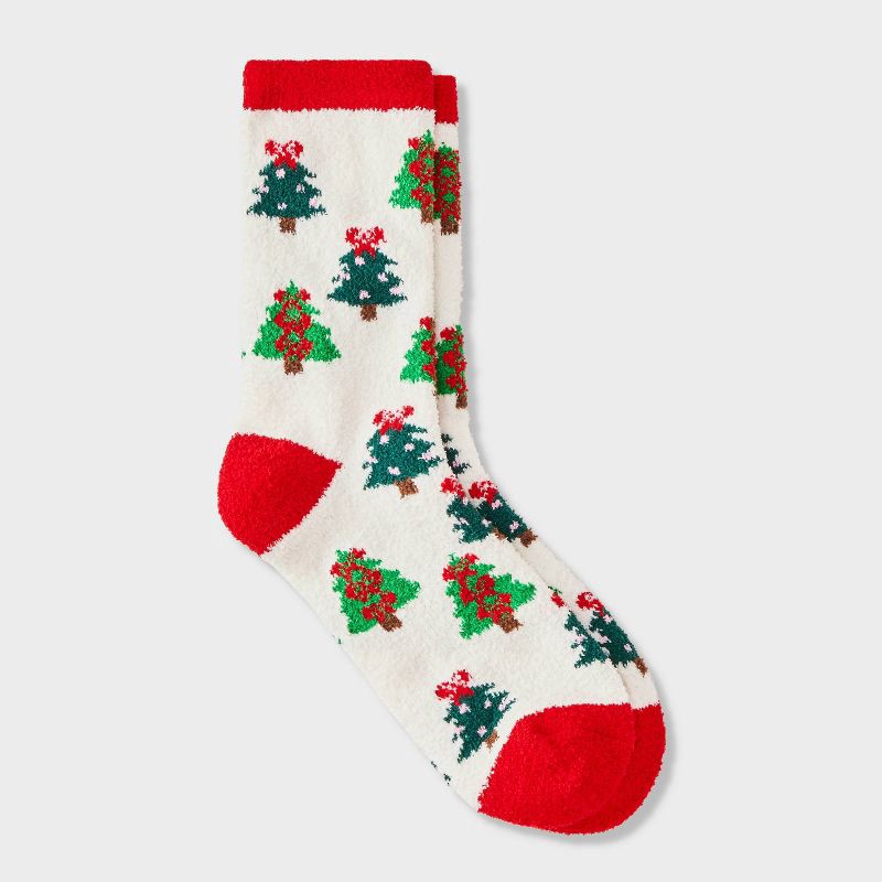 slide 1 of 3, Women's Festive Trees Christmas Cozy Crew Socks - Wondershop™ White/Green/Red 4-10, 1 ct