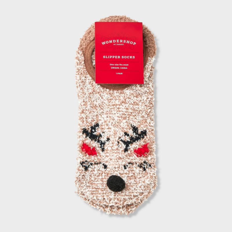 slide 2 of 3, Women's Reindeer Christmas Cozy Liner Socks with Grippers - Wondershop™ Natural 4-10, 1 ct
