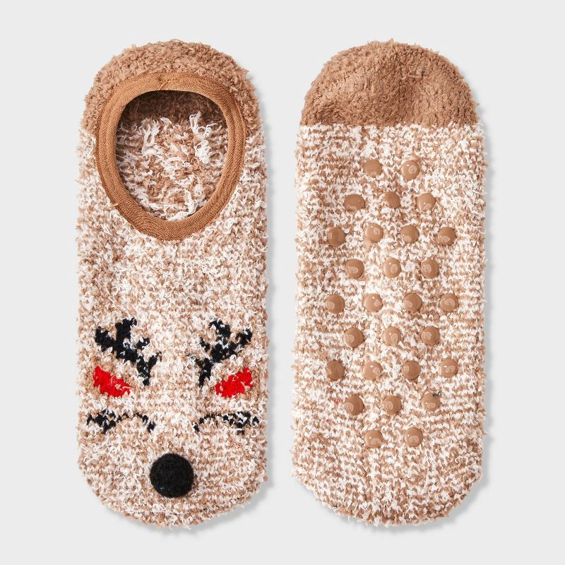 slide 1 of 3, Women's Reindeer Christmas Cozy Liner Socks with Grippers - Wondershop™ Natural 4-10, 1 ct