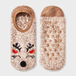 Women's Reindeer Christmas Cozy Liner Socks with Grippers - Wondershop™ Natural 4-10