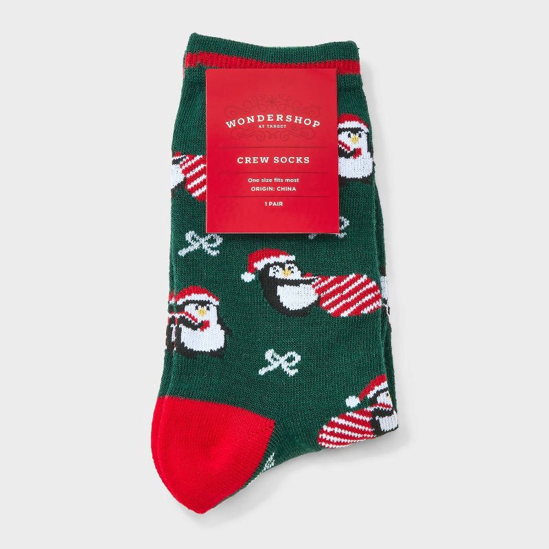 slide 2 of 3, Women's Penguin Santa Christmas Crew Socks - Wondershop™ Green/Red 4-10, 1 ct