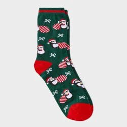 Women's Penguin Santa Christmas Crew Socks - Wondershop™ Green/Red 4-10