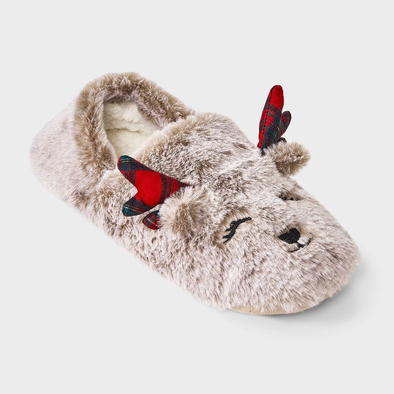 slide 1 of 4, Women's Reindeer with 3D Antlers Christmas Faux Fur Slipper Socks with Grippers - Wondershop™ Tan S/M, 1 ct