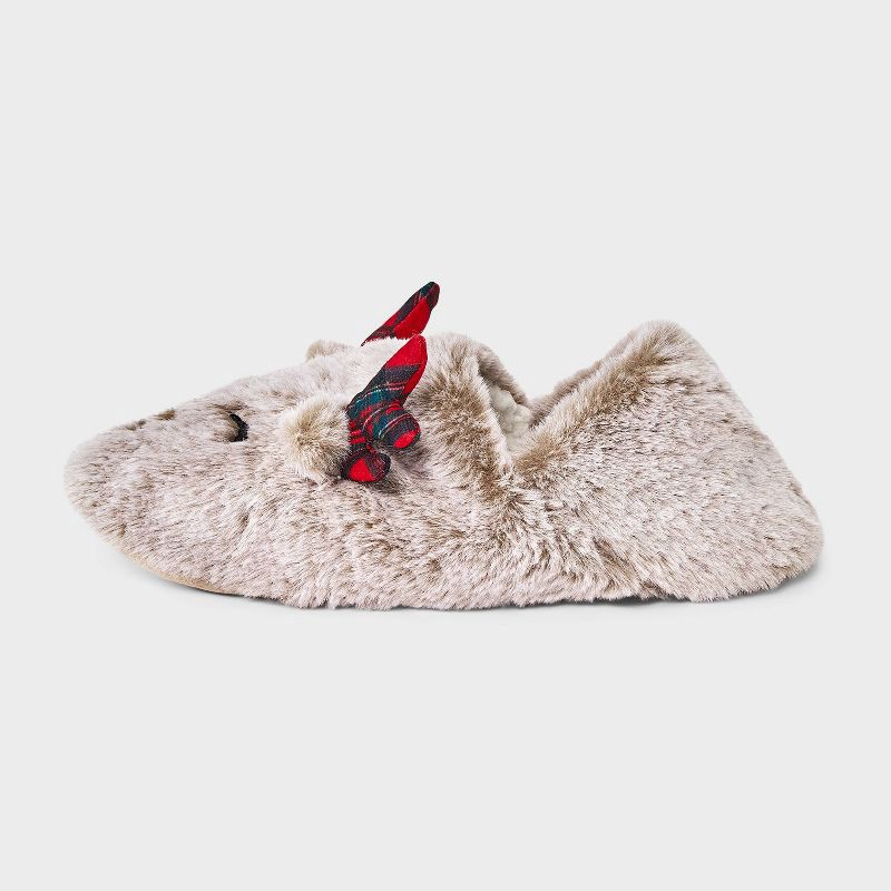slide 2 of 4, Women's Reindeer with 3D Antlers Christmas Faux Fur Slipper Socks with Grippers - Wondershop™ Tan M/L, 1 ct